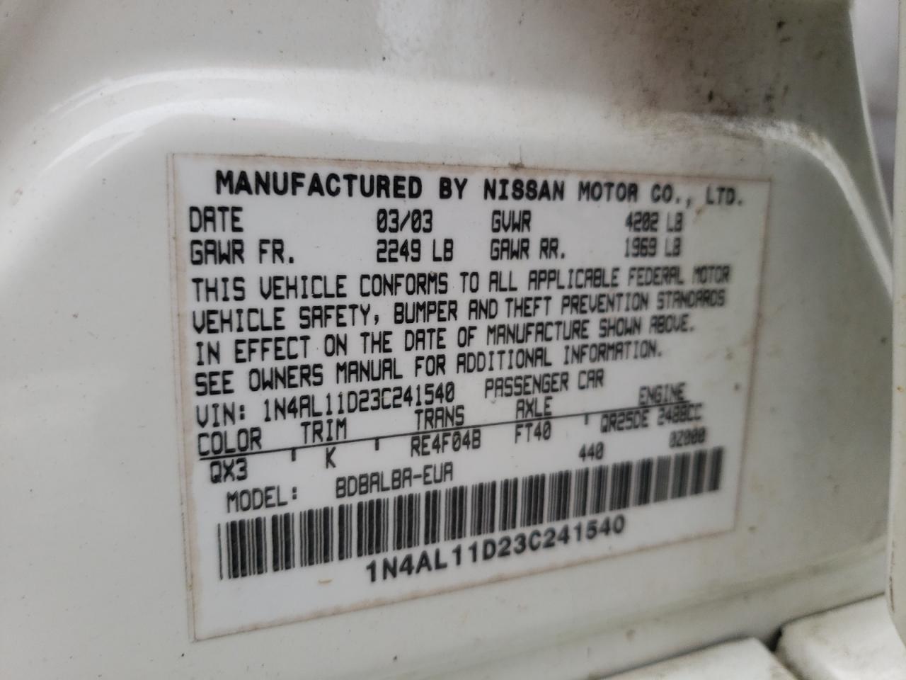 Photo 10 from auction – 2003 NISSAN ALTIMA BAS with VIN 1N4AL11D23C241540