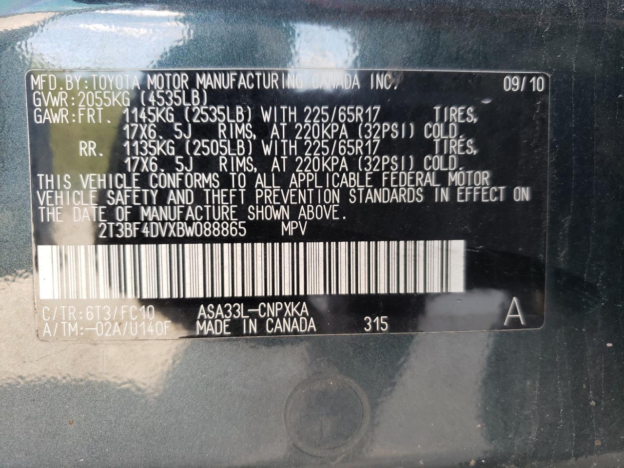 Photo 10 from auction – 2011 TOYOTA RAV4 with VIN 2T3BF4DVXBW088865