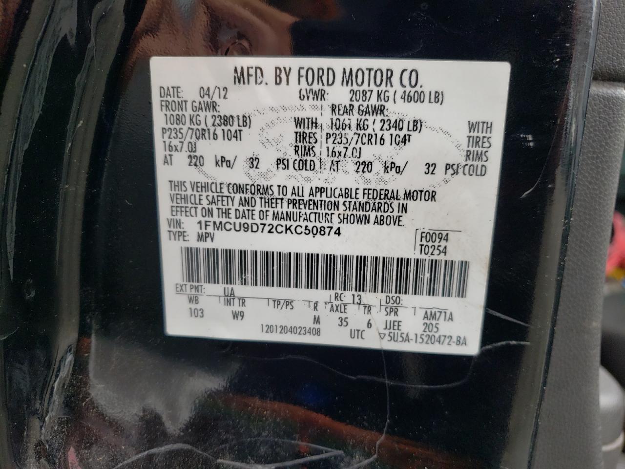 Photo 10 from auction – 2012 FORD ESCAPE XLT with VIN 1FMCU9D72CKC50874
