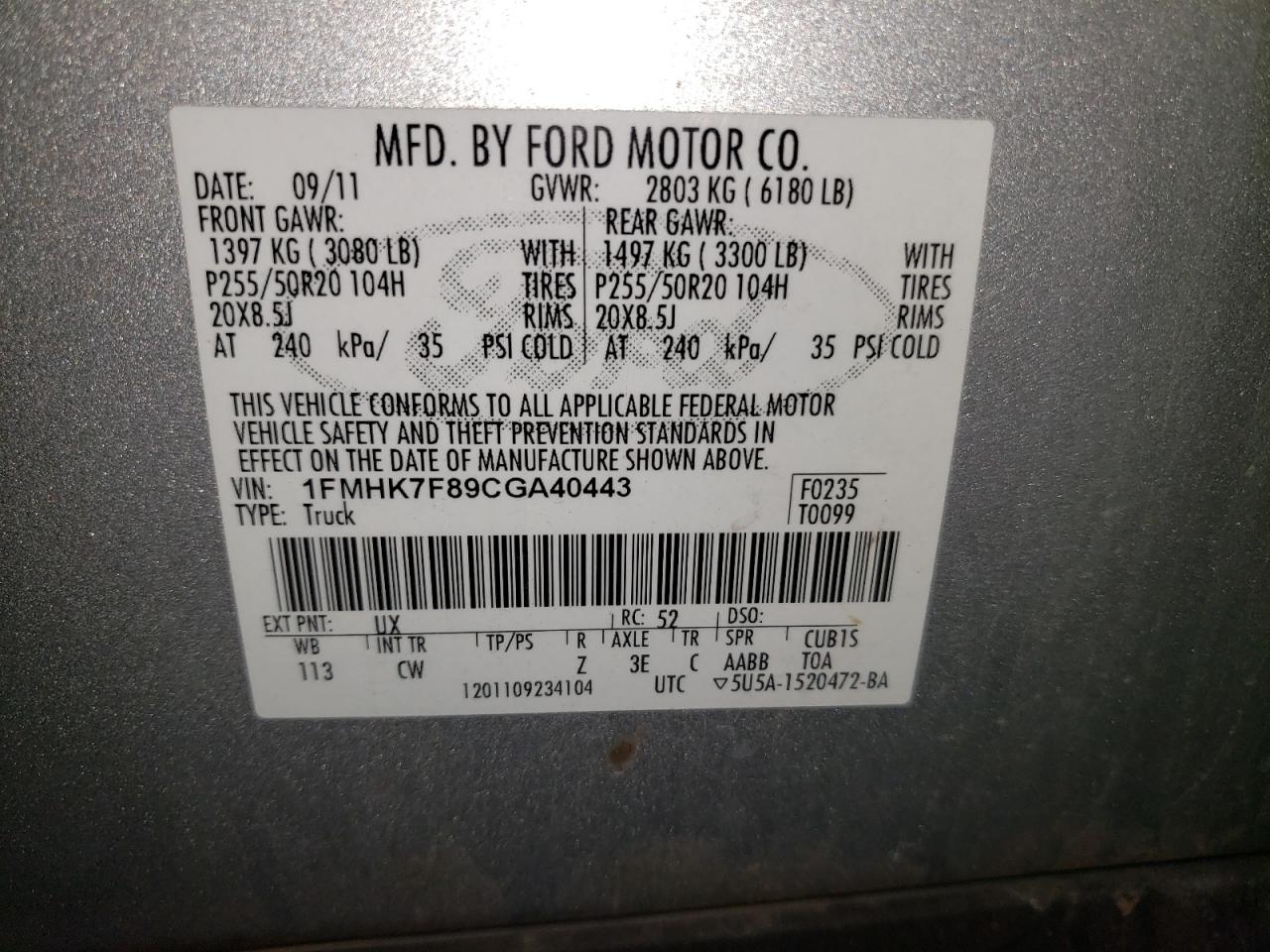 Photo 10 from auction – 2012 FORD EXPLORER L with VIN 1FMHK7F89CGA40443