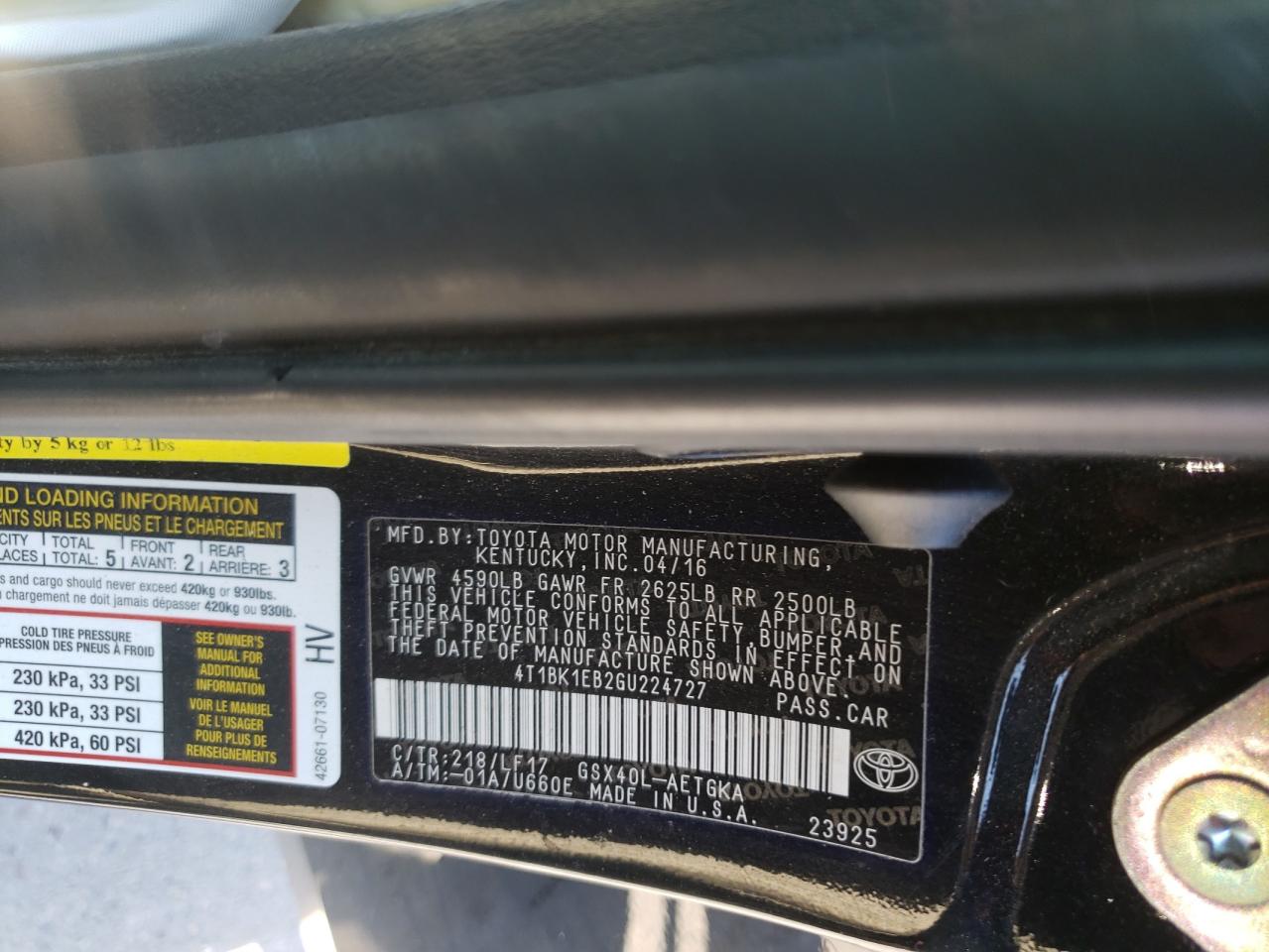Photo 10 from auction – 2016 TOYOTA AVALON XLE with VIN 4T1BK1EB2GU224727