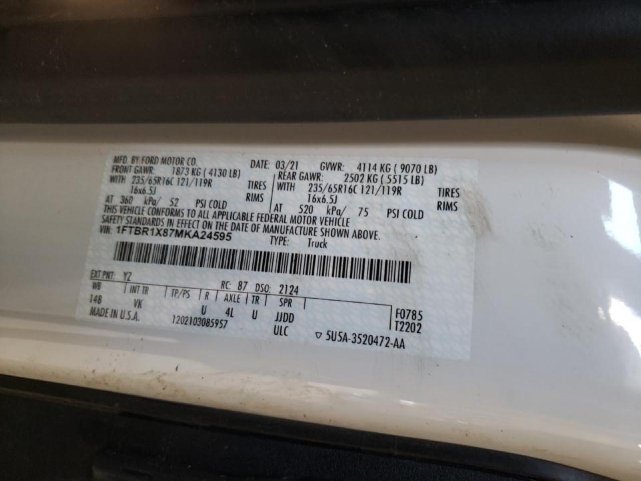 Photo 10 from auction – 2021 FORD TRANSIT T- with VIN 1FTBR1X87MKA24595