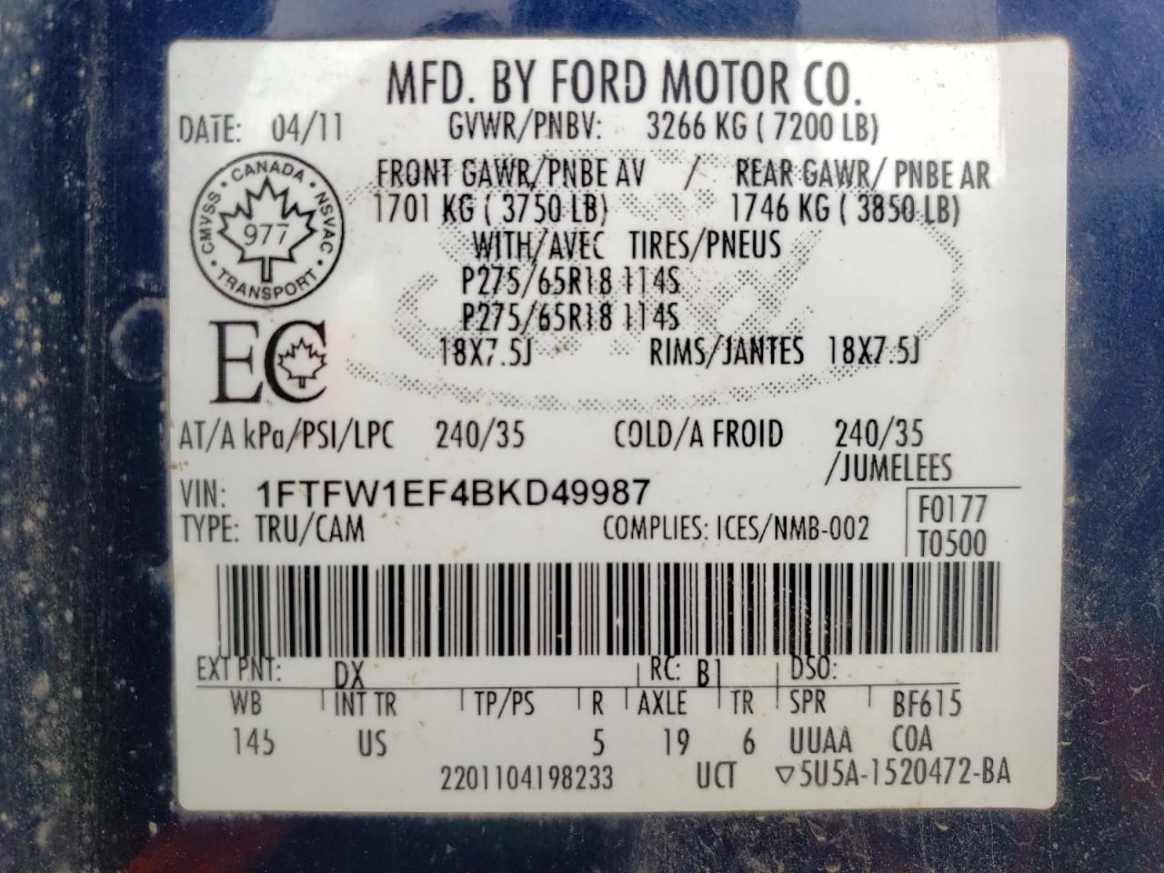 Photo 10 from auction – 2011 FORD F150 SUPER with VIN 1FTFW1EF4BKD49987