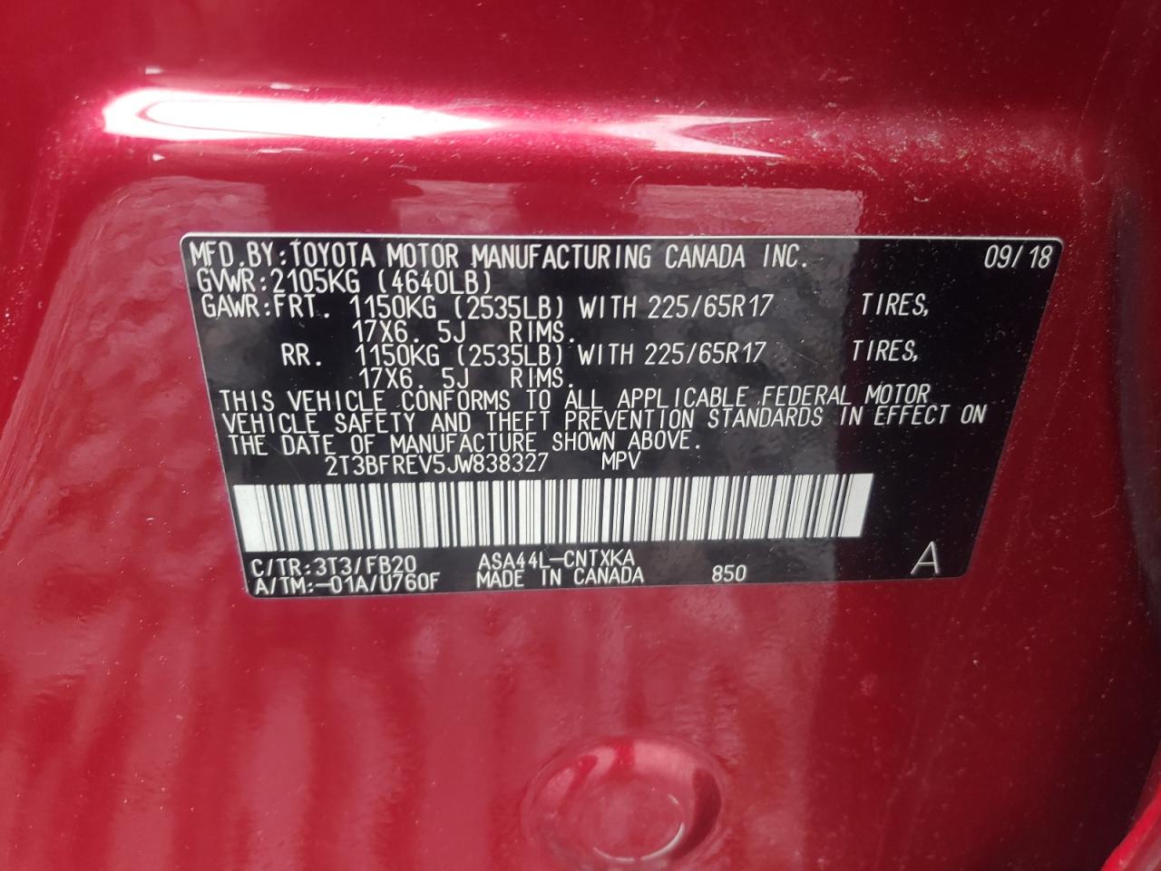 Photo 10 from auction – 2018 TOYOTA RAV4 LE with VIN 2T3BFREV5JW838327