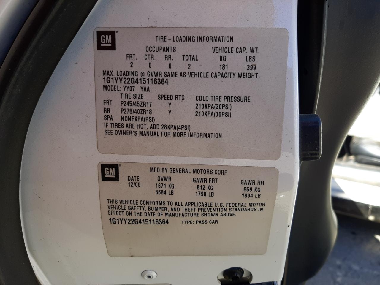 Photo 10 from auction – 2001 CHEVROLET CORVETTE with VIN 1G1YY22G415116364