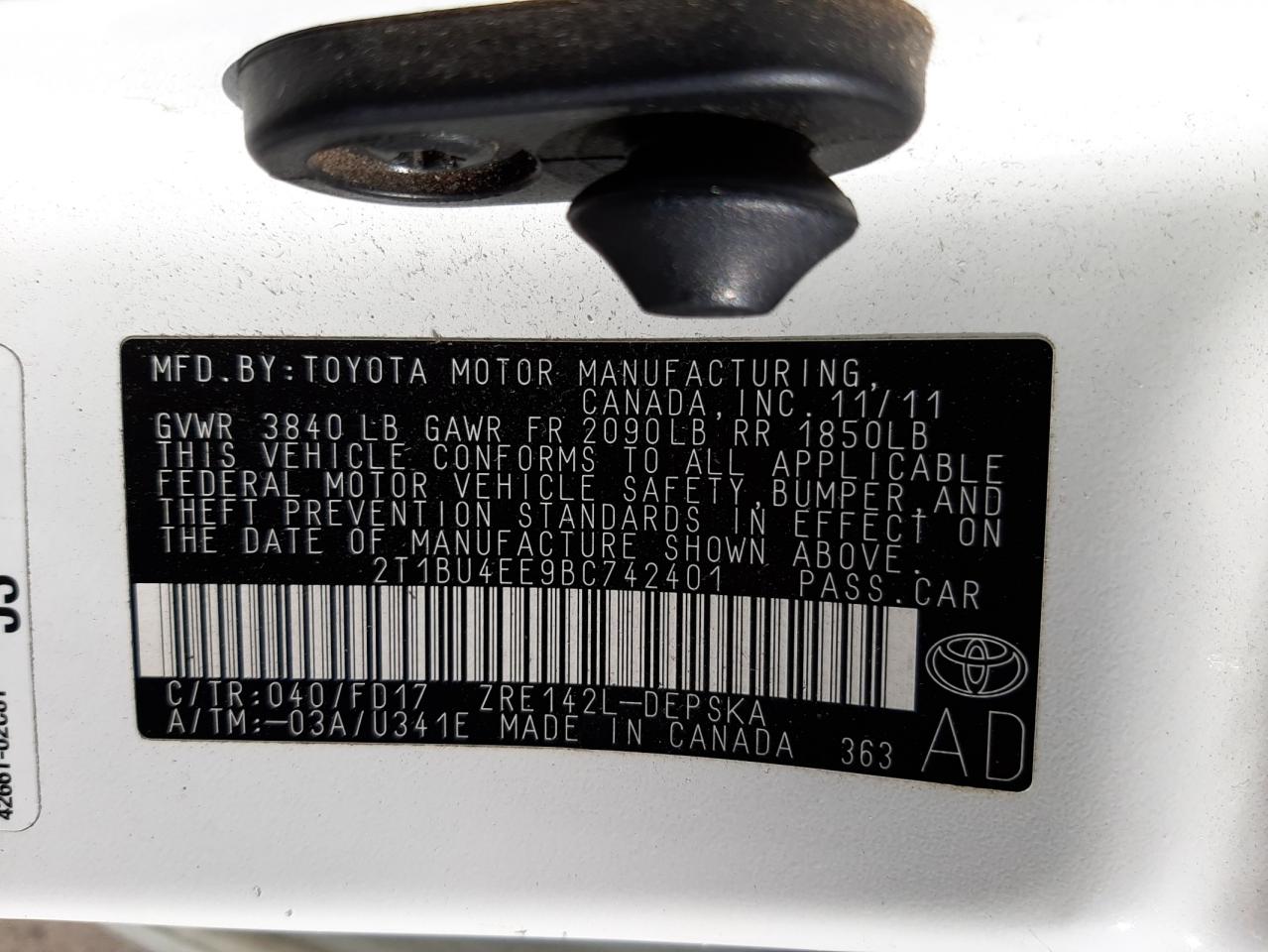 Photo 10 from auction – 2011 TOYOTA COROLLA BA with VIN 2T1BU4EE9BC742401