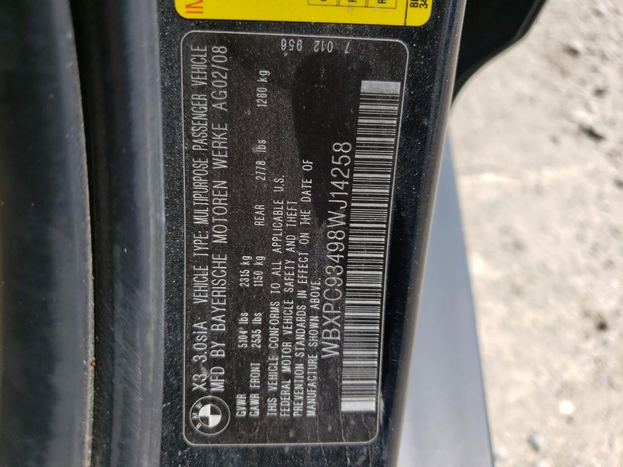 Photo 10 from auction – 2008 BMW X3 3.0SI with VIN WBXPC93498WJ14258