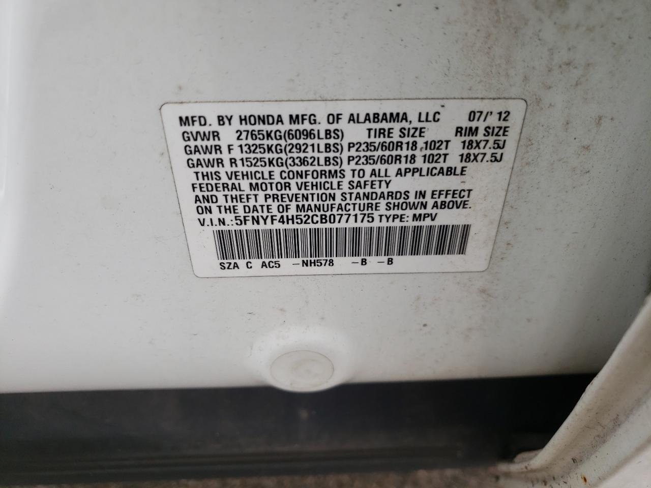 Photo 10 from auction – 2012 HONDA PILOT EXL with VIN 5FNYF4H52CB077175
