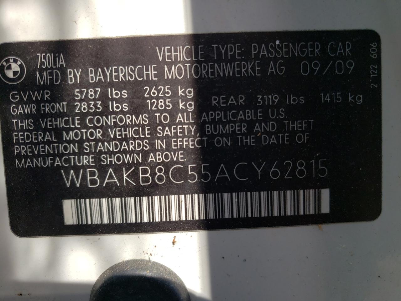 Photo 10 from auction – 2010 BMW 750 LI with VIN WBAKB8C55ACY62815