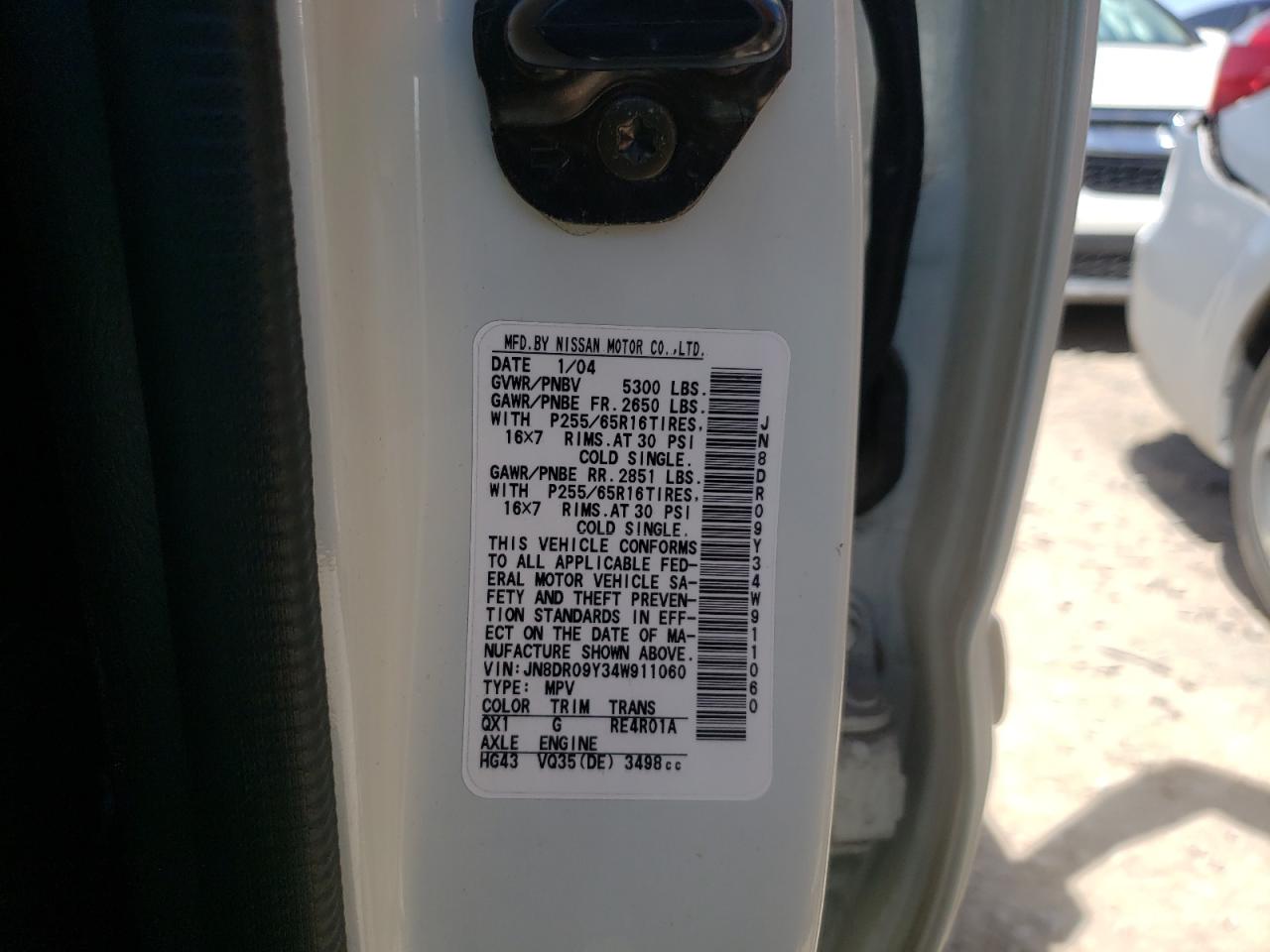 Photo 10 from auction – 2004 NISSAN PATHFINDER with VIN JN8DR09Y34W911060