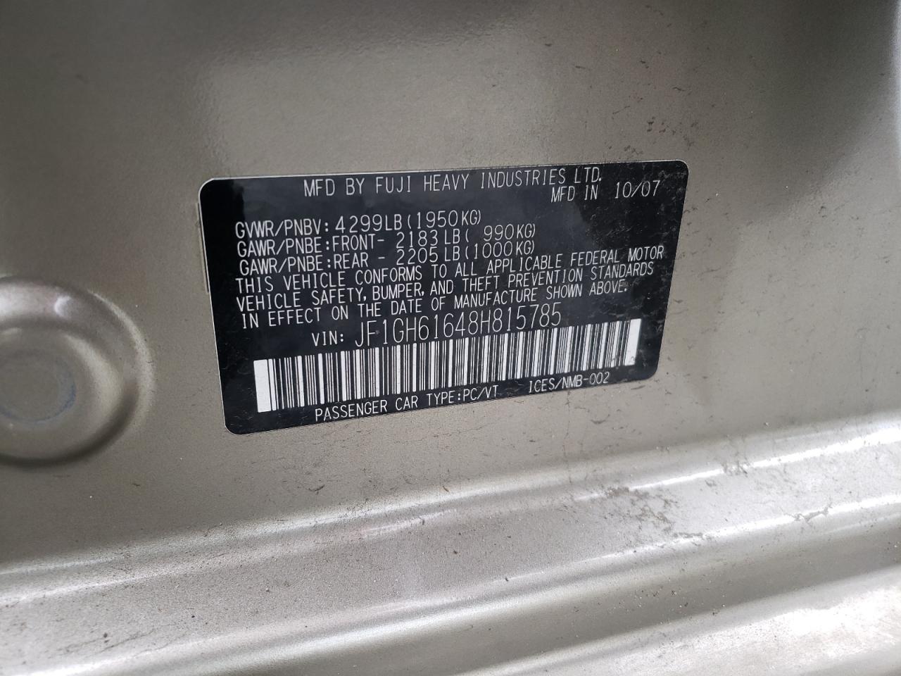 Photo 10 from auction – 2008 SUBARU IMPREZA 2. with VIN JF1GH61648H815785