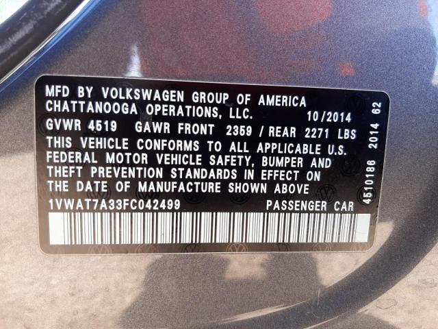 Photo 10 from auction – 2015 VOLKSWAGEN PASSAT S with VIN 1VWAT7A33FC042499