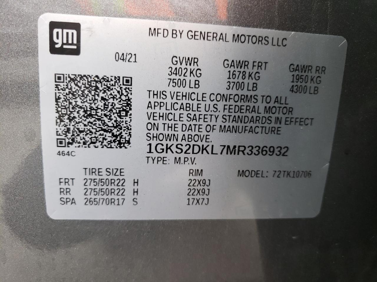 Photo 10 from auction – 2021 GMC YUKON DENA with VIN 1GKS2DKL7MR336932