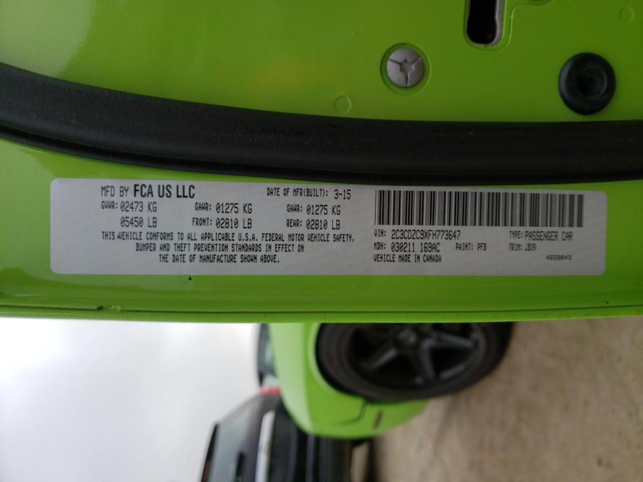Photo 10 from auction – 2015 DODGE CHALLENGER with VIN 2C3CDZC9XFH773647