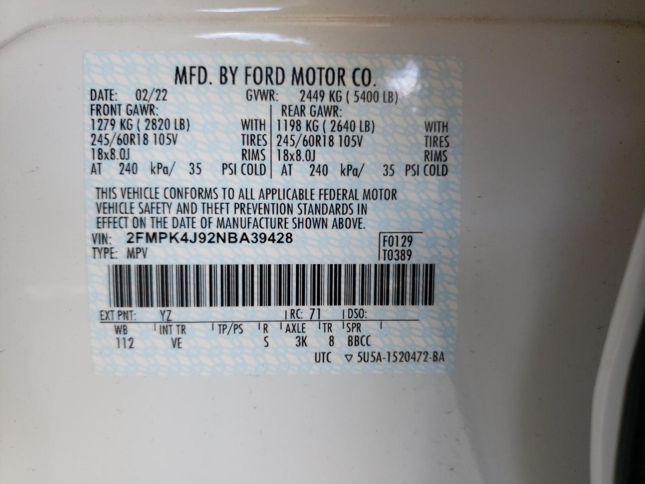 Photo 10 from auction – 2022 FORD EDGE SEL with VIN 2FMPK4J92NBA39428