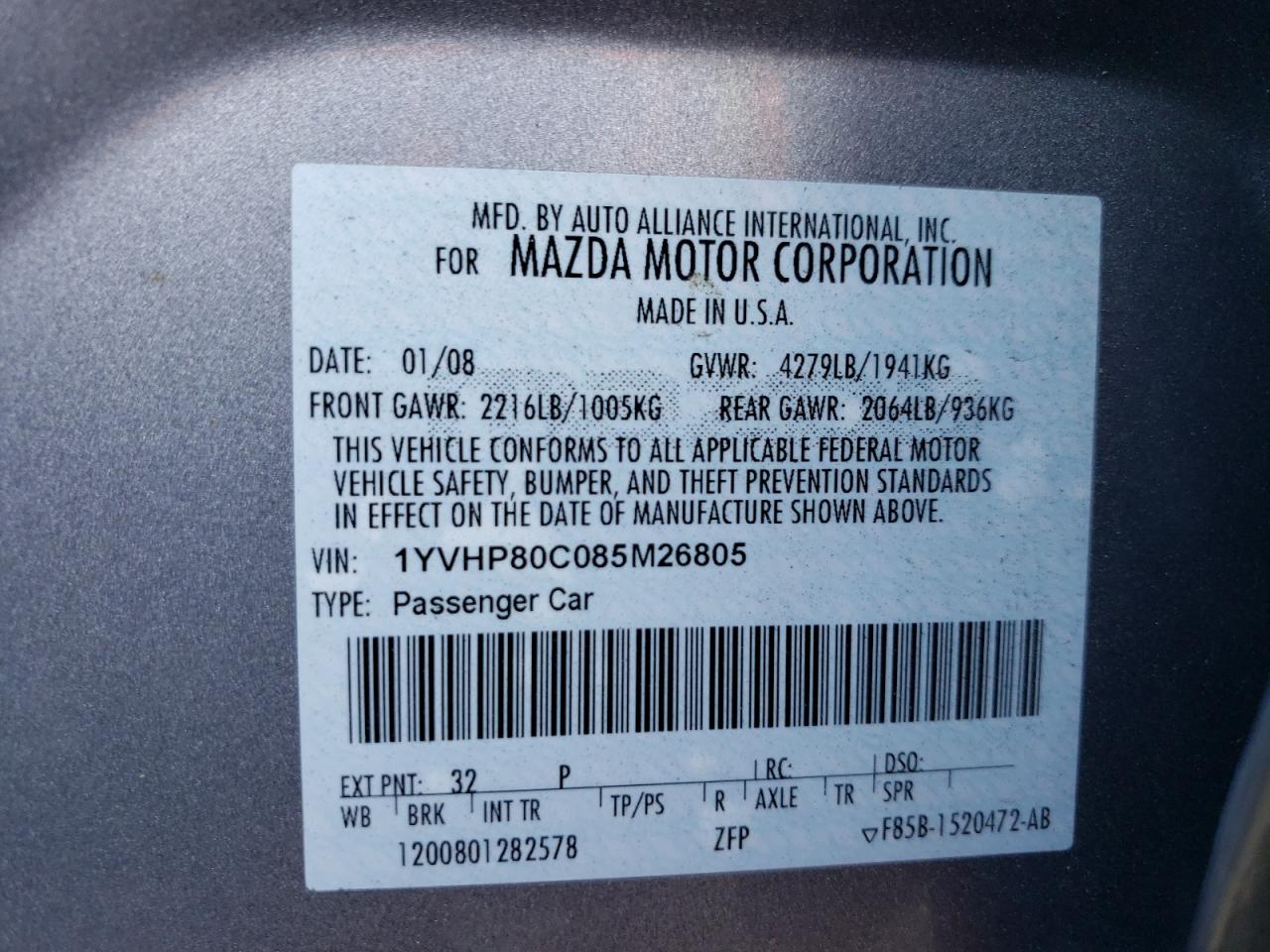 Photo 10 from auction – 2008 MAZDA 6 I with VIN 1YVHP80C085M26805