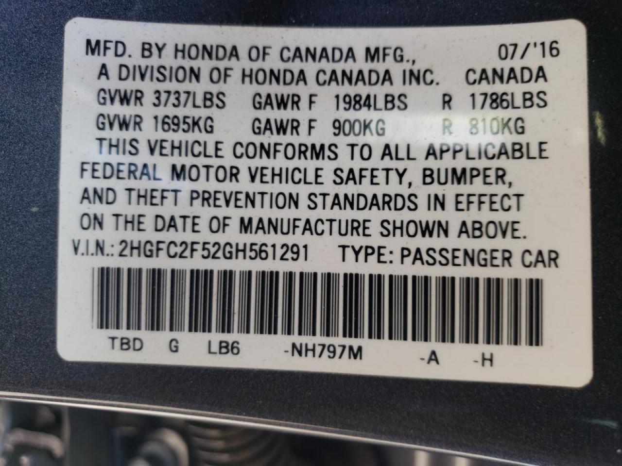 Photo 10 from auction – 2016 HONDA CIVIC LX with VIN 2HGFC2F52GH561291