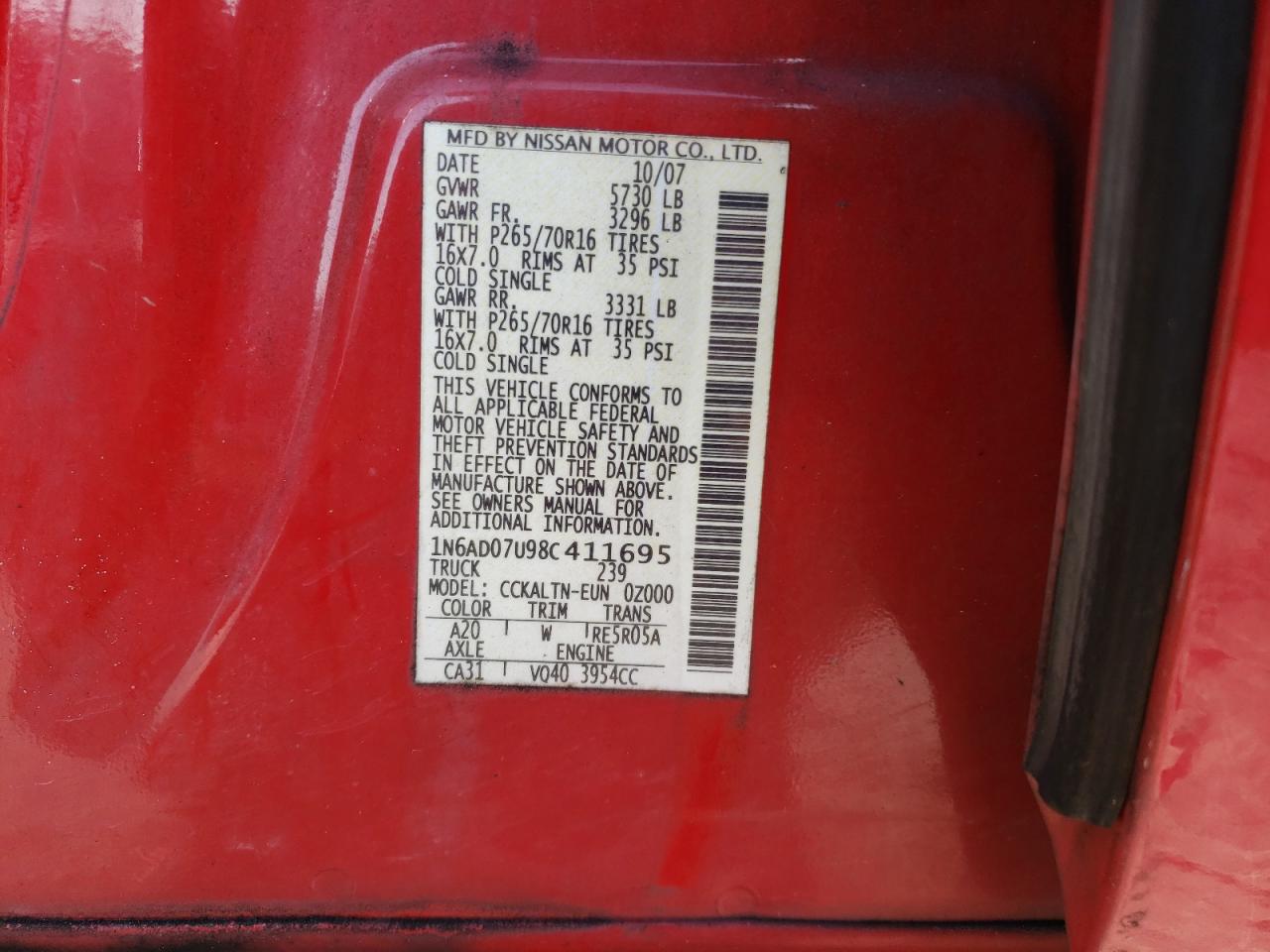 Photo 10 from auction – 2008 NISSAN FRONTIER C with VIN 1N6AD07U98C411695