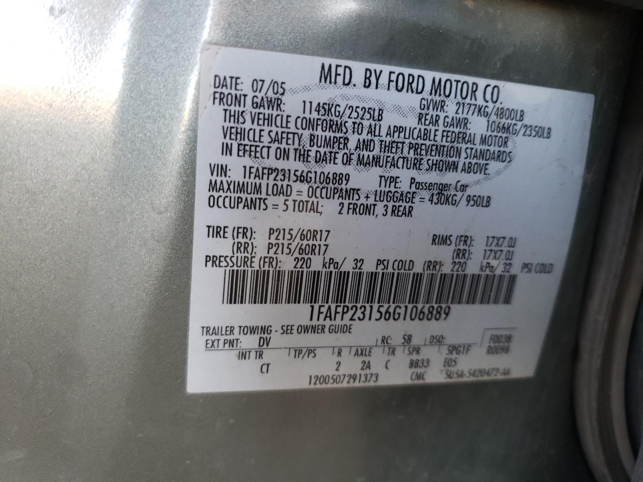 Photo 10 from auction – 2006 FORD FIVE HUNDR with VIN 1FAFP23156G106889