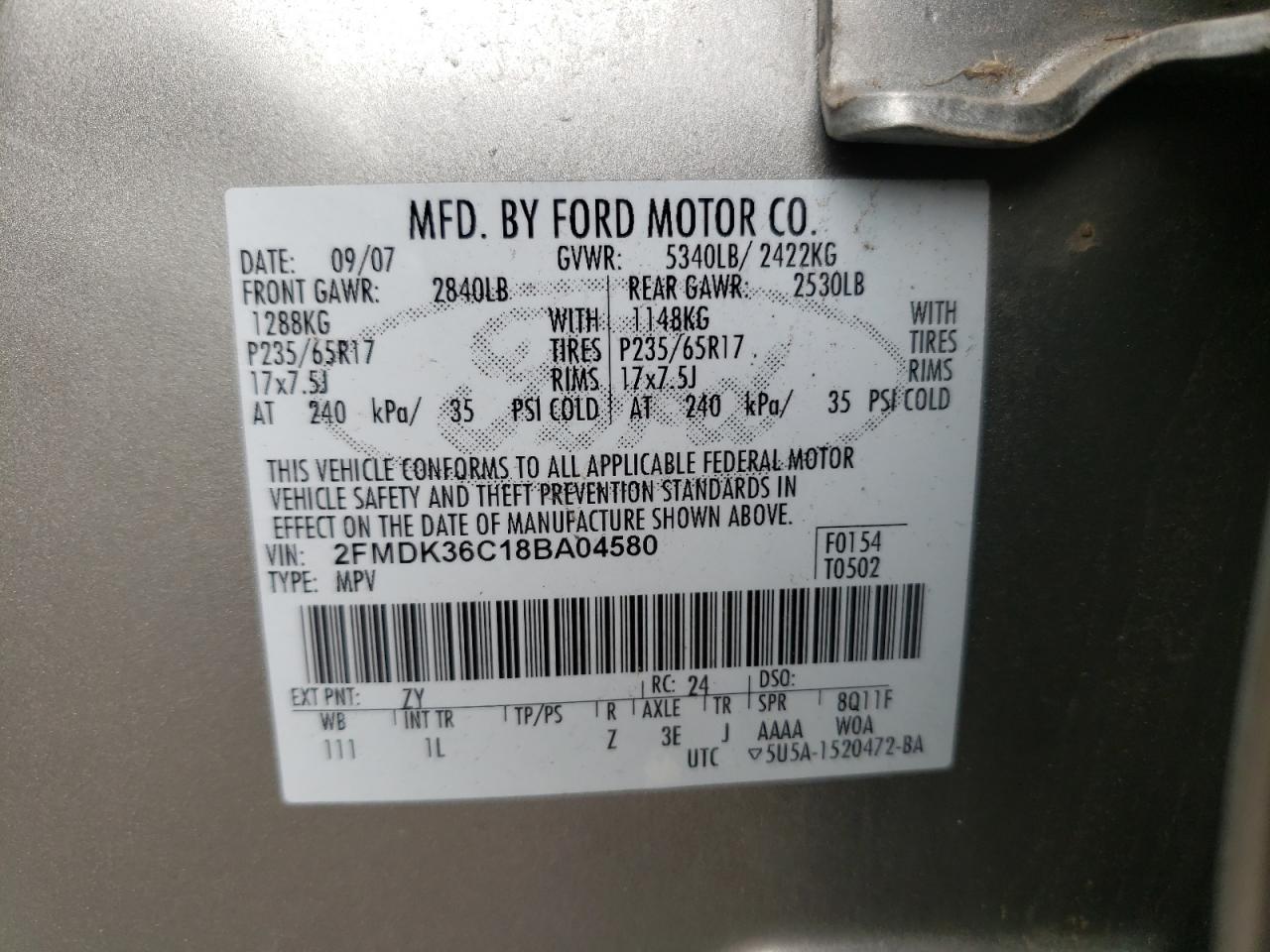 Photo 10 from auction – 2008 FORD EDGE SE with VIN 2FMDK36C18BA04580