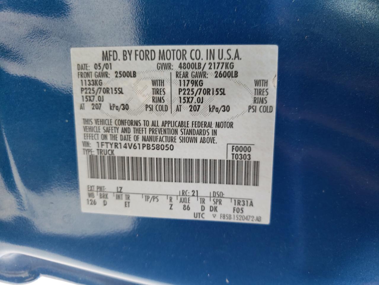 Photo 10 from auction – 2001 FORD RANGER SUP with VIN 1FTYR14V61PB58050