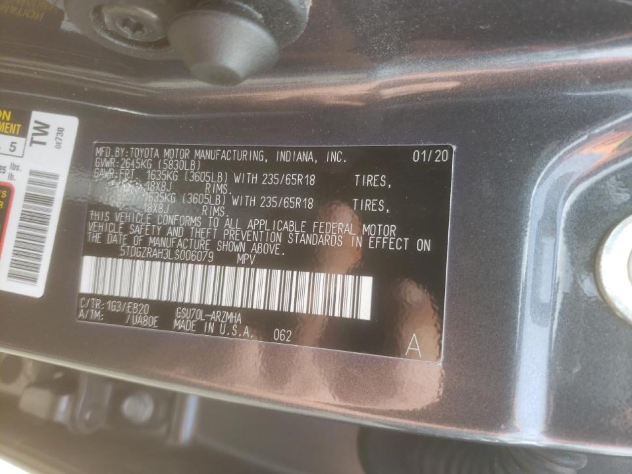 Photo 10 from auction – 2020 TOYOTA HIGHLANDER with VIN 5TDGZRAH3LS006079