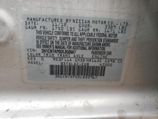 Photo 10 from auction – 2013 NISSAN VERSA S with VIN 3N1CN7AP0DL850967