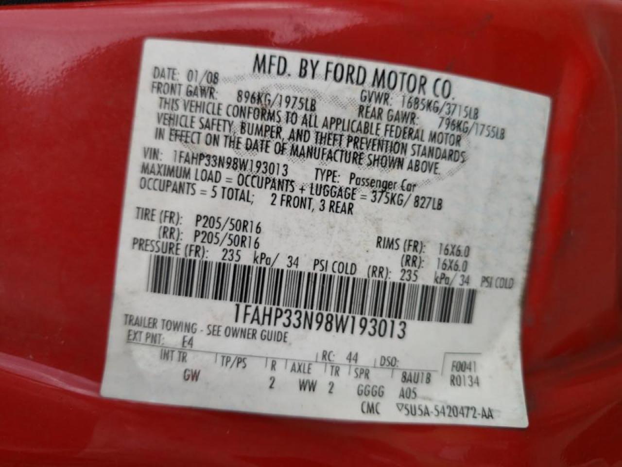 Photo 10 from auction – 2008 FORD FOCUS with VIN 1FAHP33N98W193013