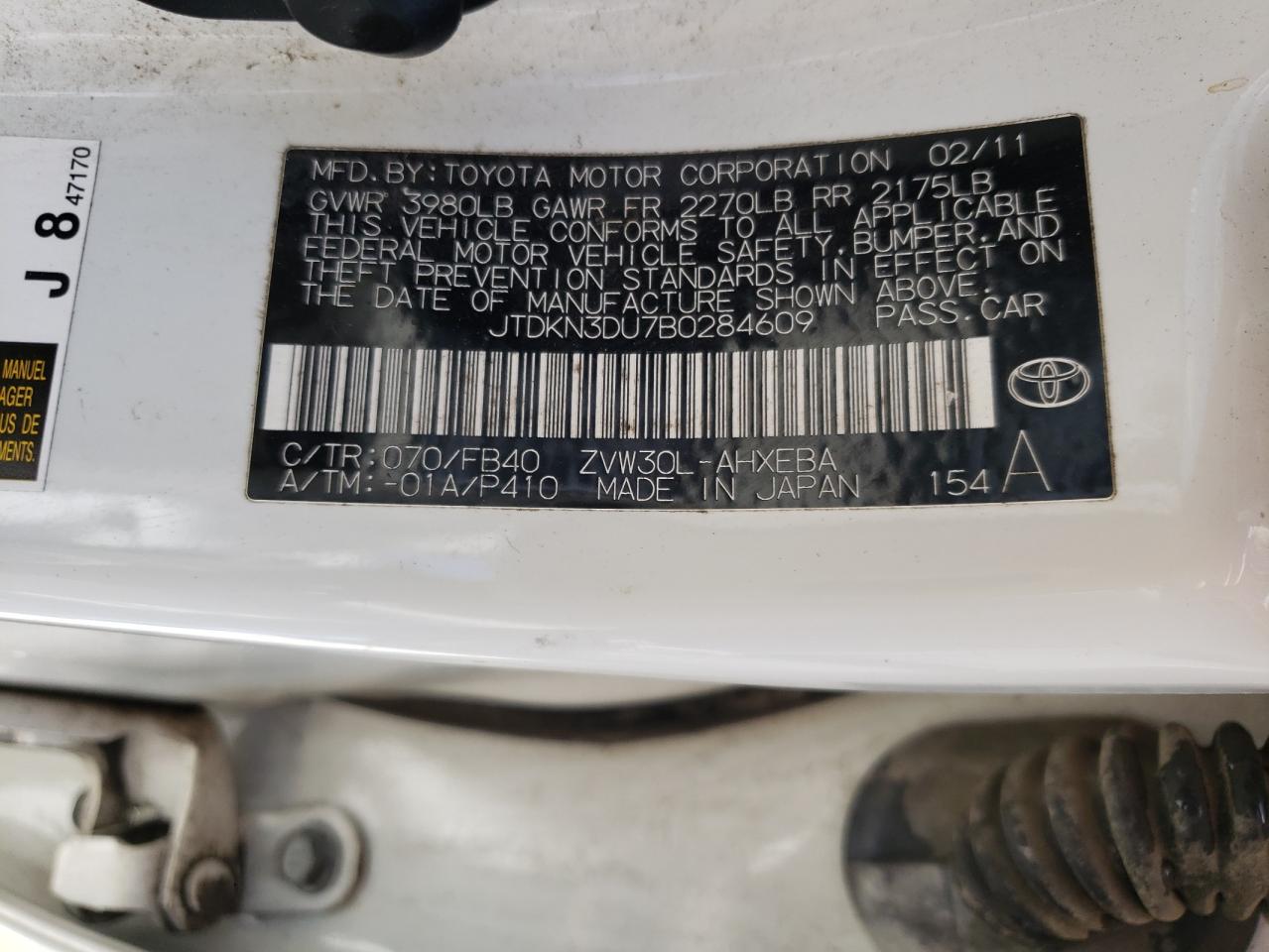 Photo 10 from auction – 2011 TOYOTA PRIUS with VIN JTDKN3DU7B0284609