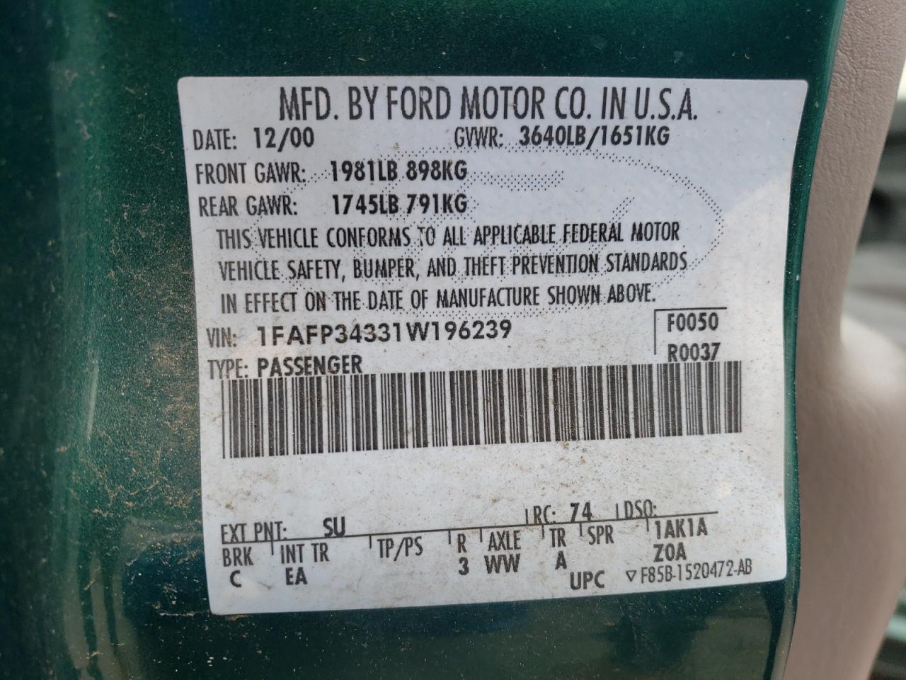 Photo 10 from auction – 2001 FORD FOCUS SE with VIN 1FAFP34331W196239