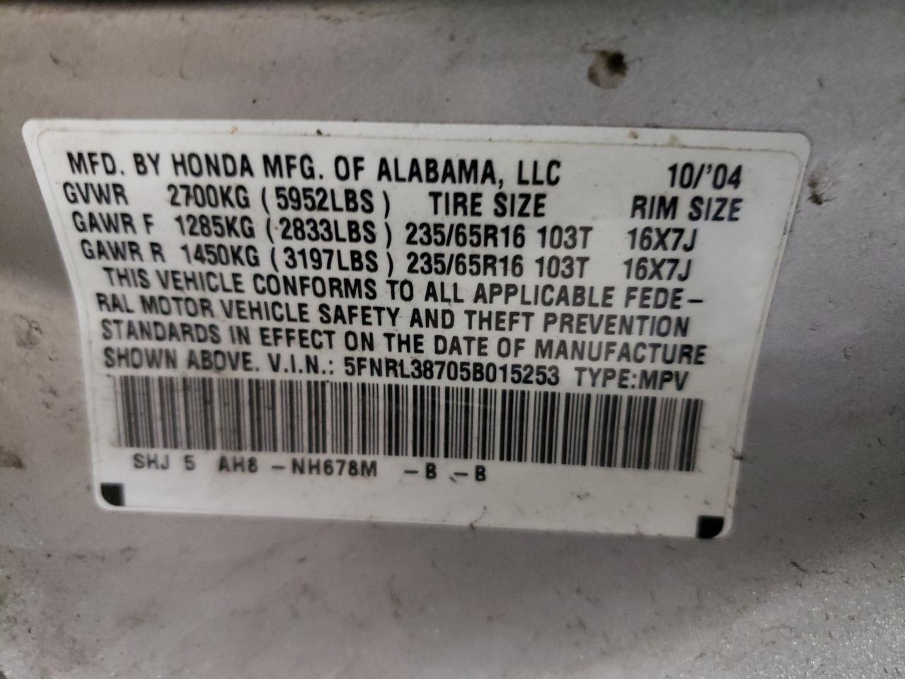 Photo 10 from auction – 2005 HONDA ODYSSEY EX with VIN 5FNRL38705B015253