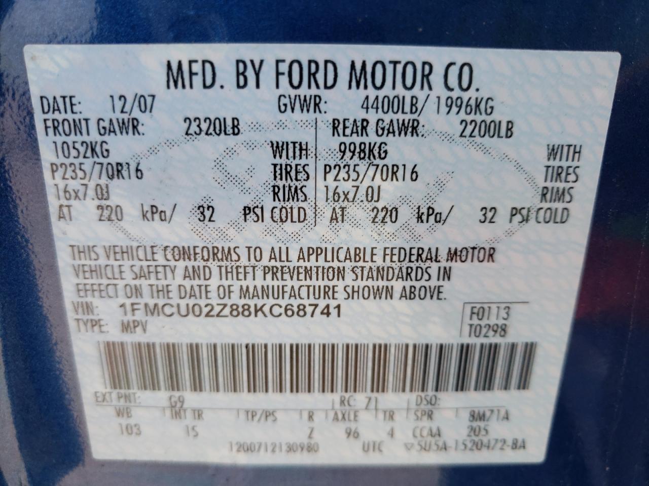 Photo 10 from auction – 2008 FORD ESCAPE XLS with VIN 1FMCU02Z88KC68741
