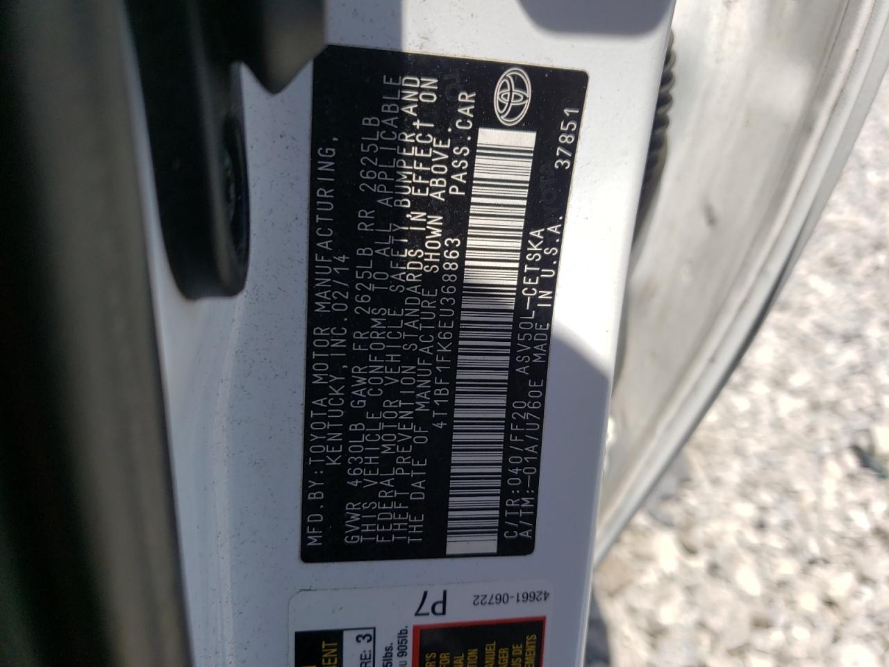Photo 10 from auction – 2014 TOYOTA CAMRY L with VIN 4T1BF1FK6EU368863