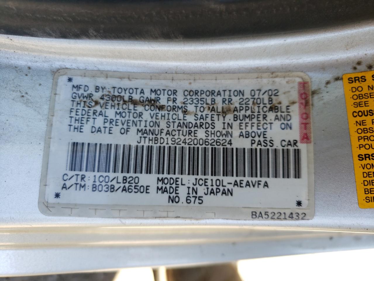 Photo 10 from auction – 2002 LEXUS IS 300 with VIN JTHBD192420062624