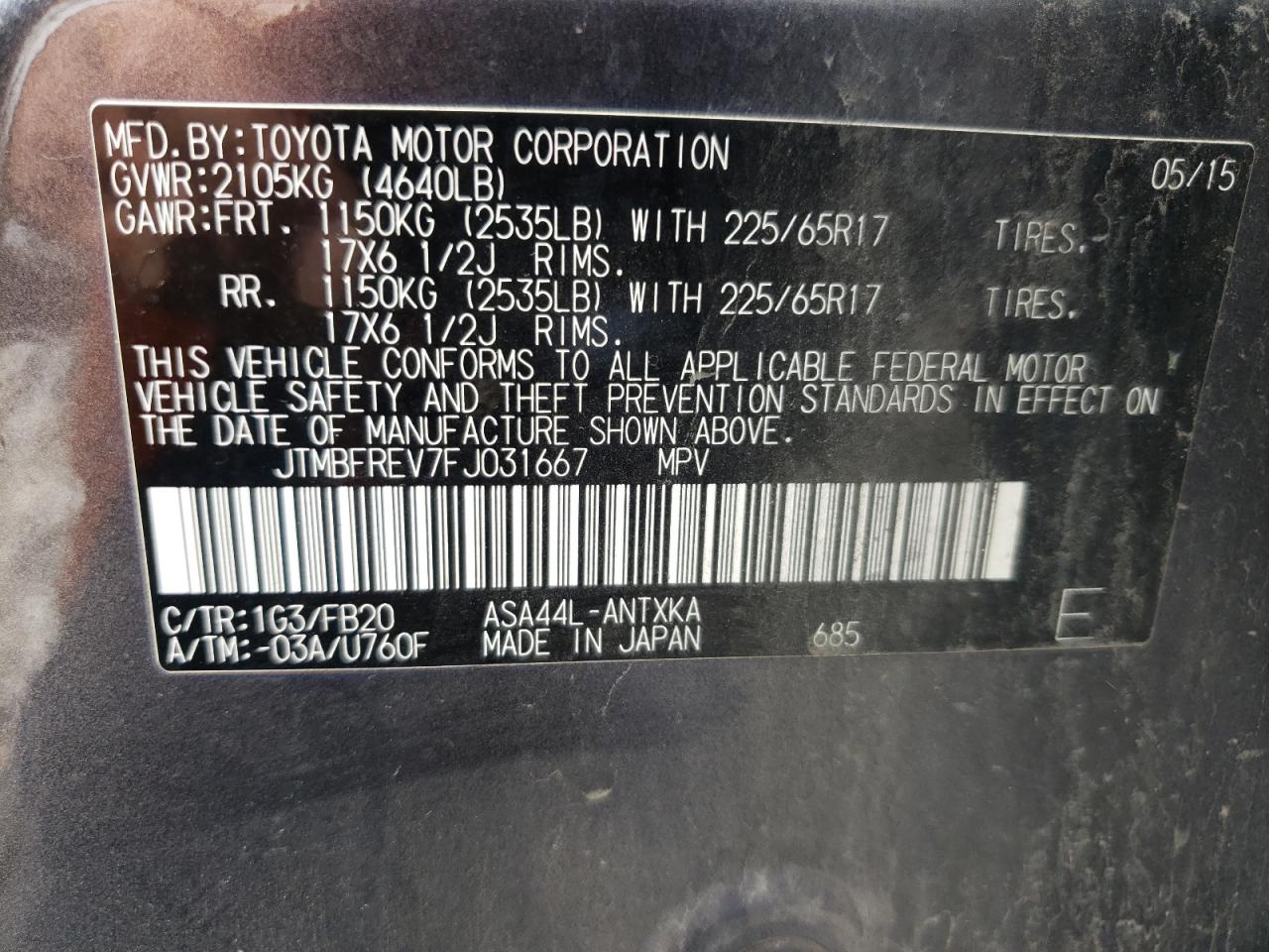 Photo 10 from auction – 2015 TOYOTA RAV4 XLE with VIN JTMBFREV7FJ031667