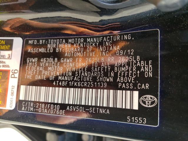 Photo 10 from auction – 2012 TOYOTA CAMRY BASE with VIN 4T4BF1FK6CR251139