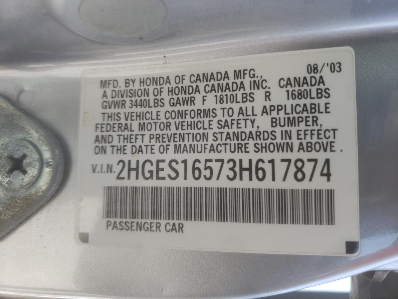 Photo 10 from auction – 2003 HONDA CIVIC LX with VIN 2HGES16573H617874