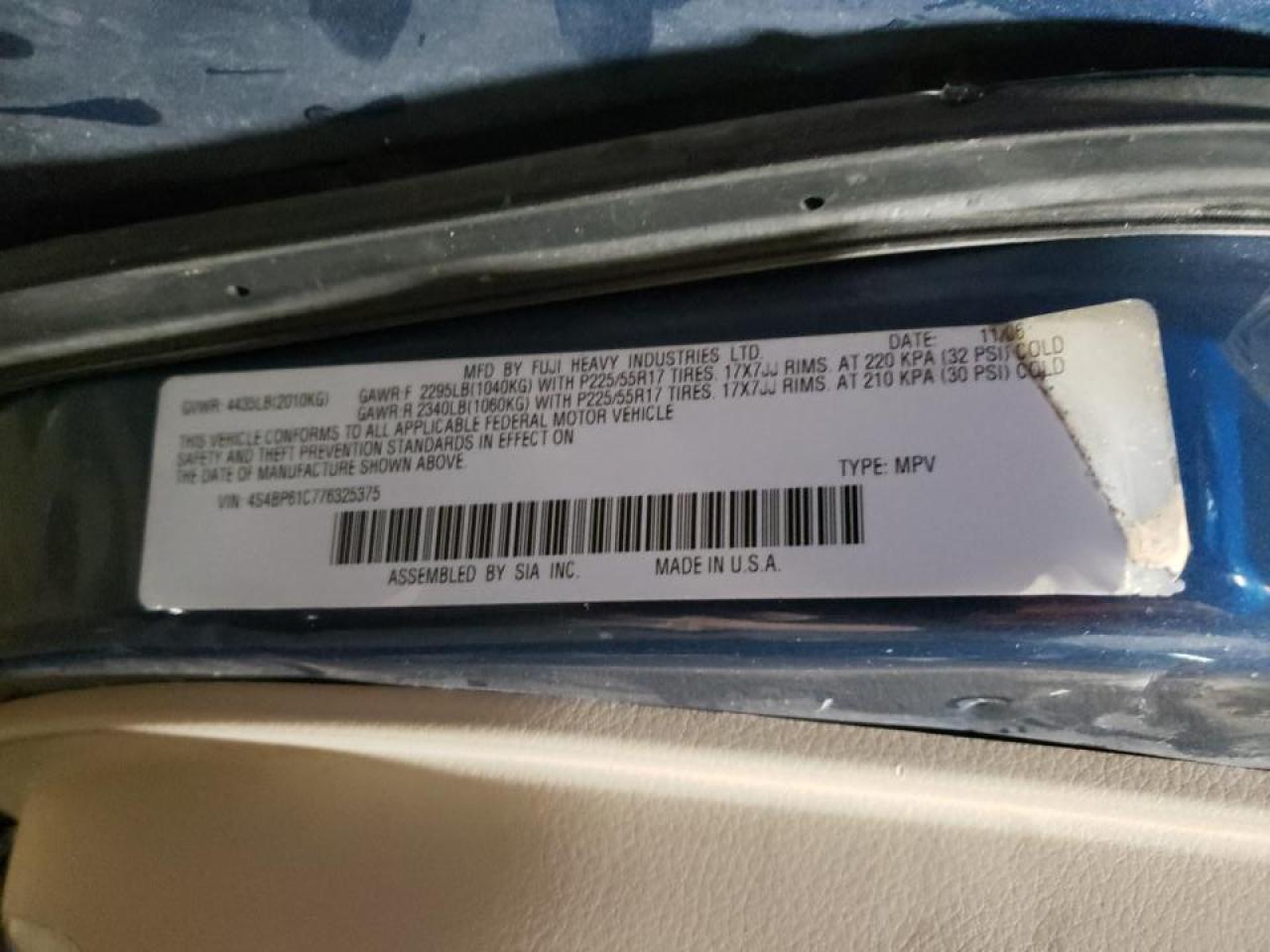 Photo 10 from auction – 2007 SUBARU LEGACY OUT with VIN 4S4BP61C776325375