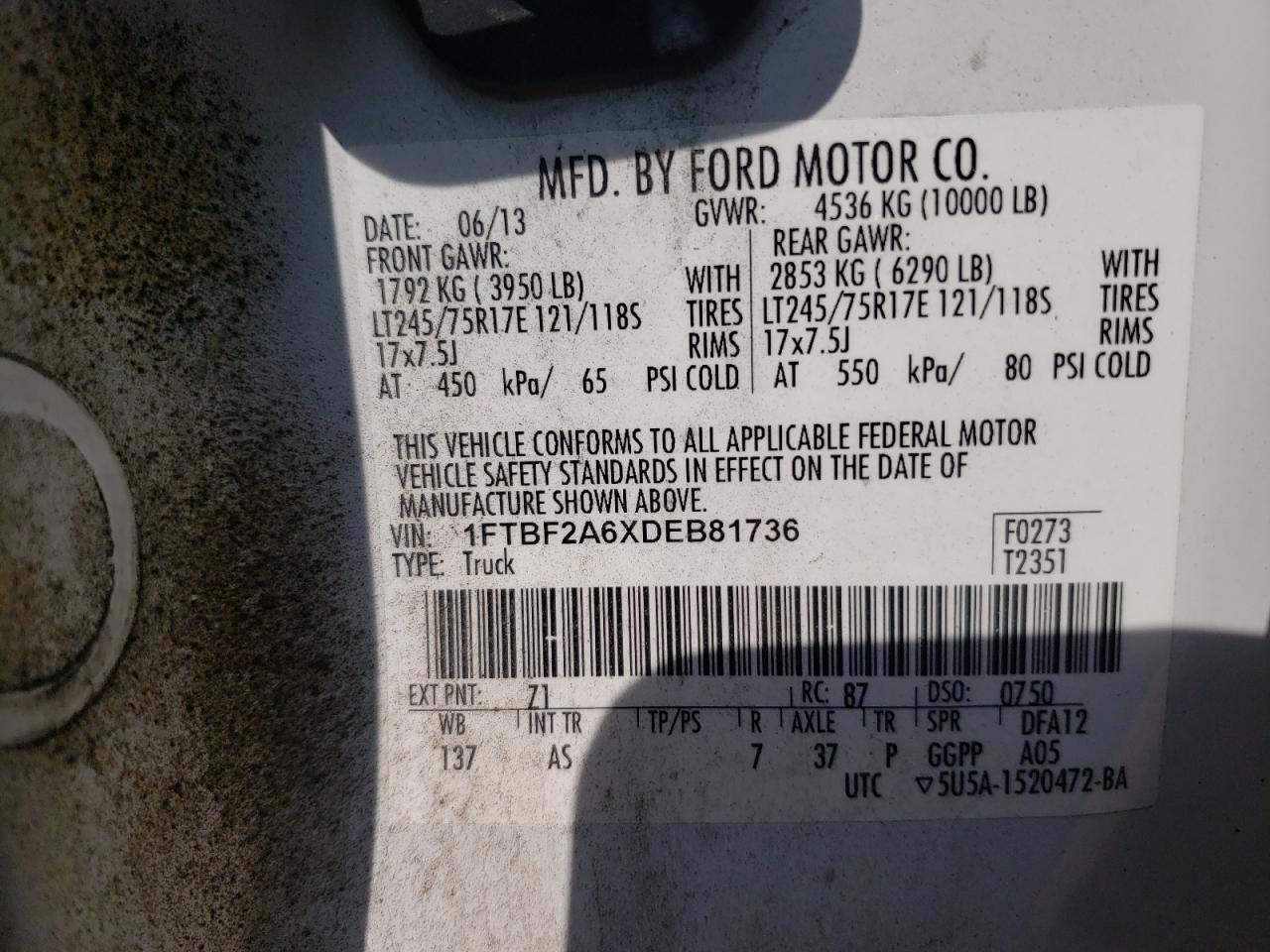 Photo 10 from auction – 2013 FORD F250 SUPER with VIN 1FTBF2A6XDEB81736
