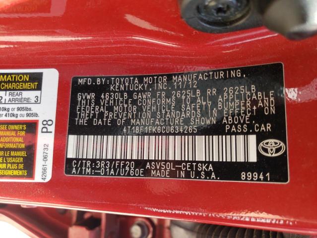 Photo 10 from auction – 2012 TOYOTA CAMRY BASE with VIN 4T1BF1FK6CU634265