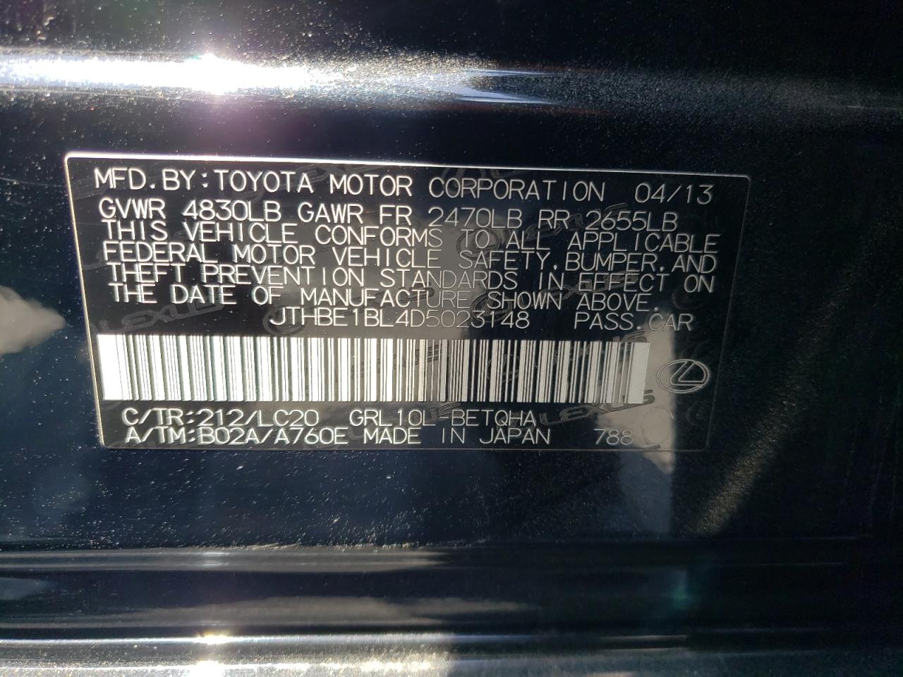 Photo 10 from auction – 2013 LEXUS GS 350 with VIN JTHBE1BL4D5023148