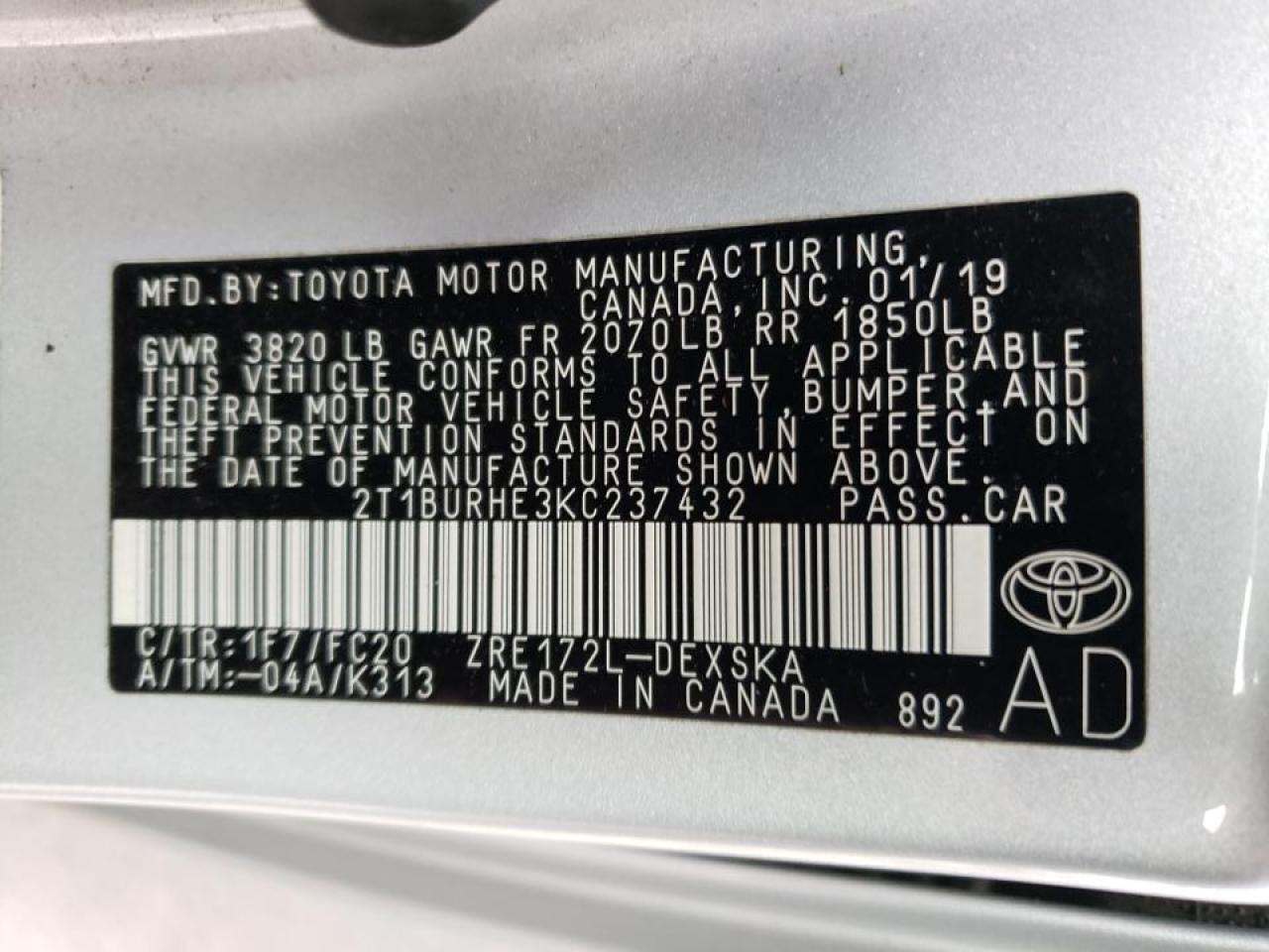 Photo 10 from auction – 2019 TOYOTA COROLLA L with VIN 2T1BURHE3KC237432