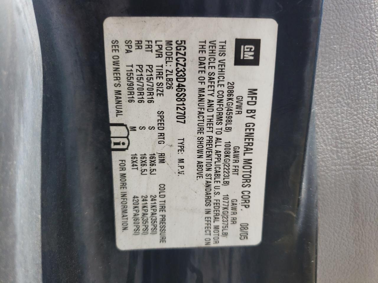 Photo 10 from auction – 2006 SATURN VUE with VIN 5GZCZ33D46S812707