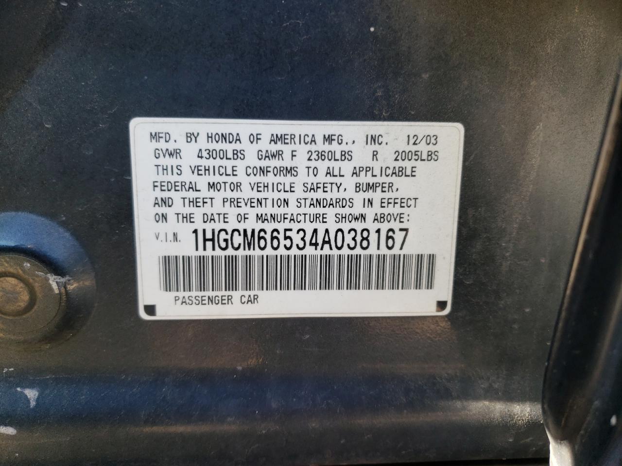 Photo 10 from auction – 2004 HONDA ACCORD EX with VIN 1HGCM66534A038167