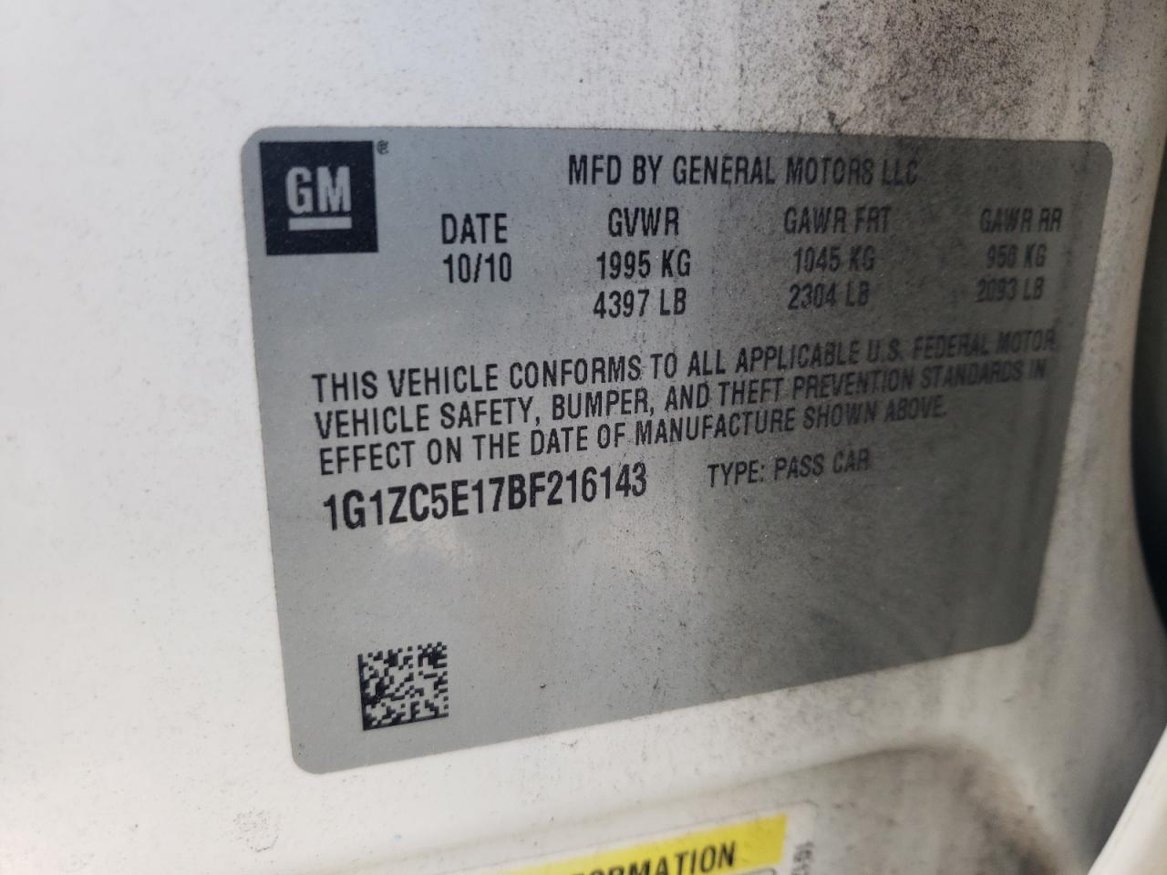 Photo 10 from auction – 2011 CHEVROLET MALIBU 1LT with VIN 1G1ZC5E17BF216143