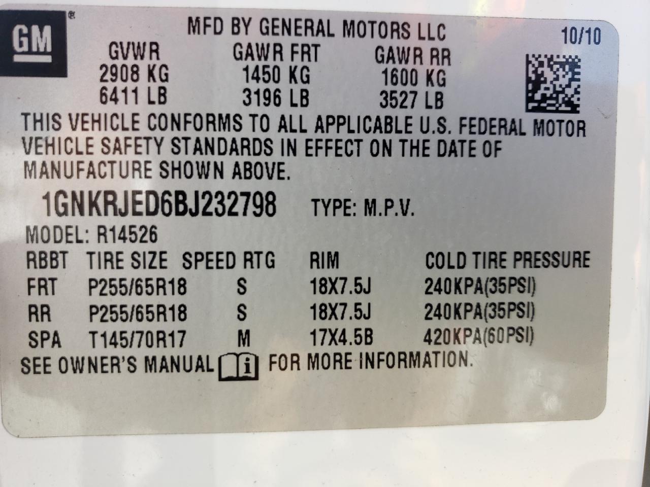 Photo 10 from auction – 2011 CHEVROLET TRAVERSE L with VIN 1GNKRJED6BJ232798