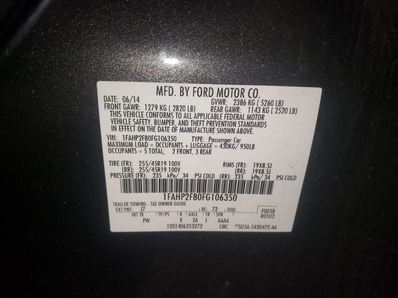 Photo 10 from auction – 2015 FORD TAURUS LIM with VIN 1FAHP2F80FG106350