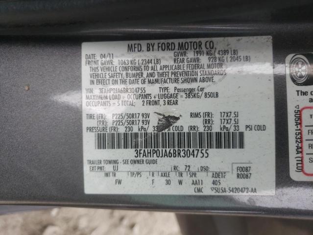 Photo 10 from auction – 2011 FORD FUSION SEL with VIN 3FAHP0JA6BR304755