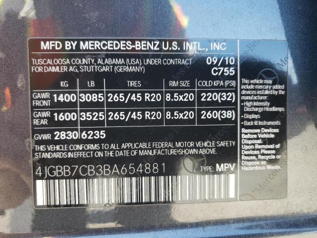 Photo 10 from auction – 2011 MERCEDES-BENZ ML 550 4MA with VIN 4JGBB7CB3BA654881