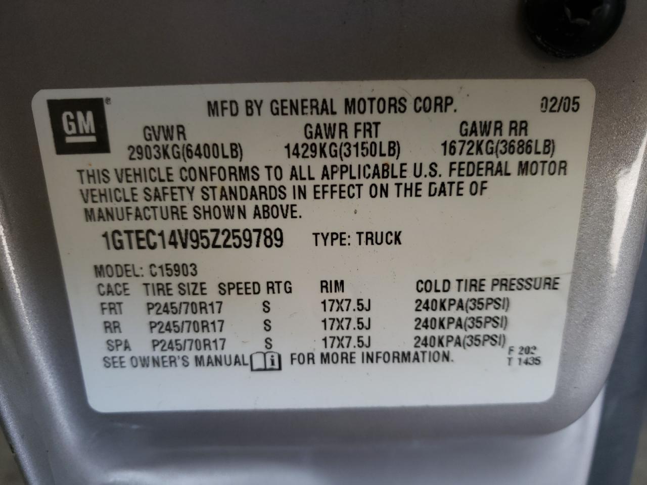 Photo 10 from auction – 2005 GMC NEW SIERRA with VIN 1GTEC14V95Z259789